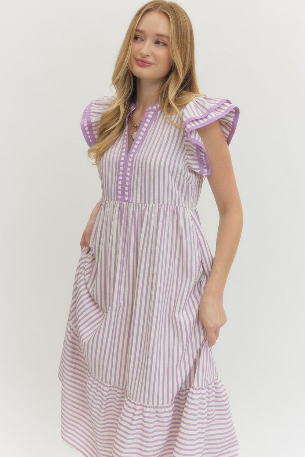 Textured Stripe Tiered Flutter Sleeve Midi