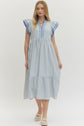 Textured Stripe Tiered Flutter Sleeve Midi