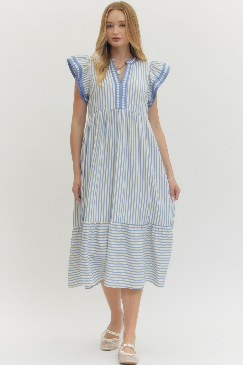 Textured Stripe Tiered Flutter Sleeve Midi