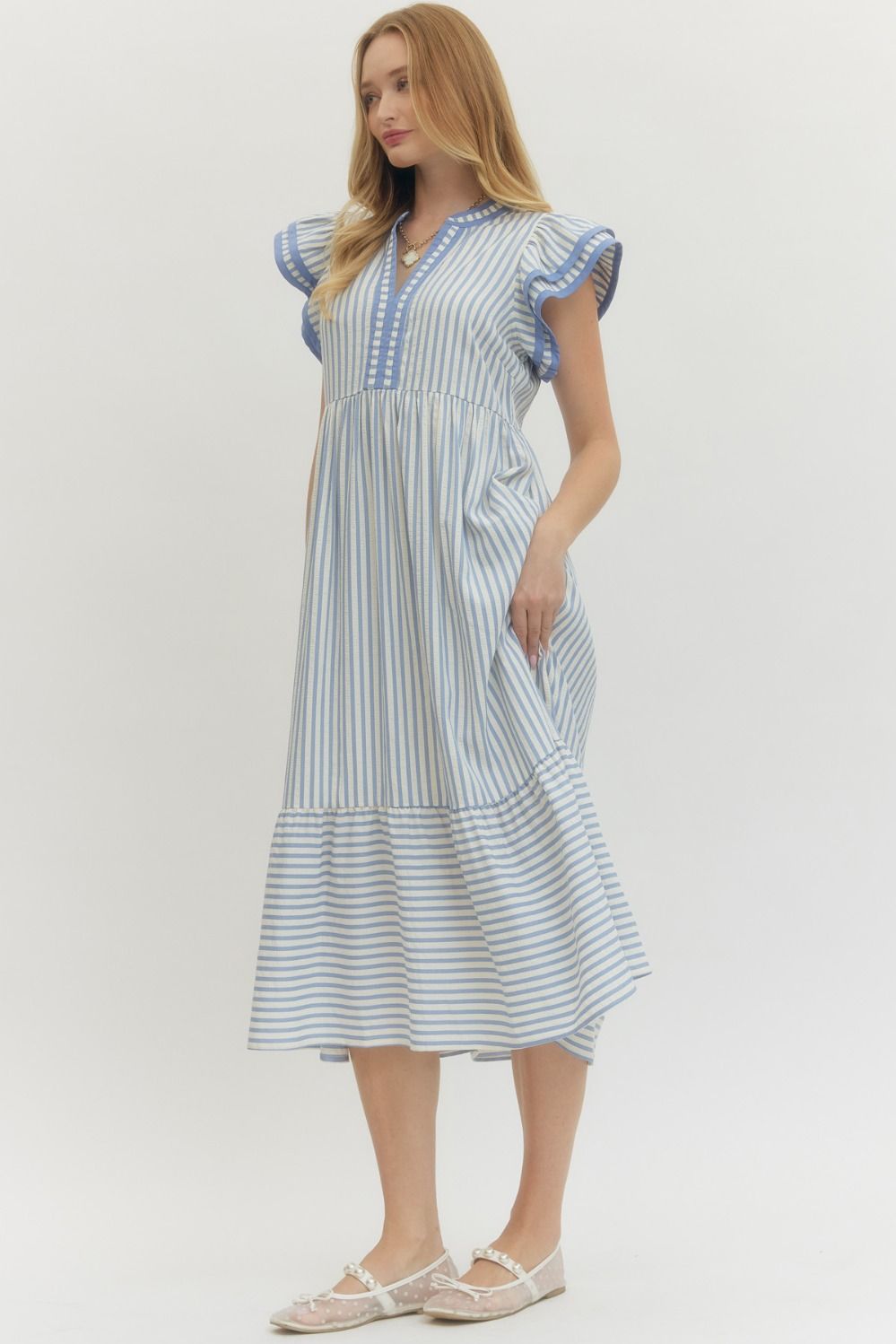 Textured Stripe Tiered Flutter Sleeve Midi