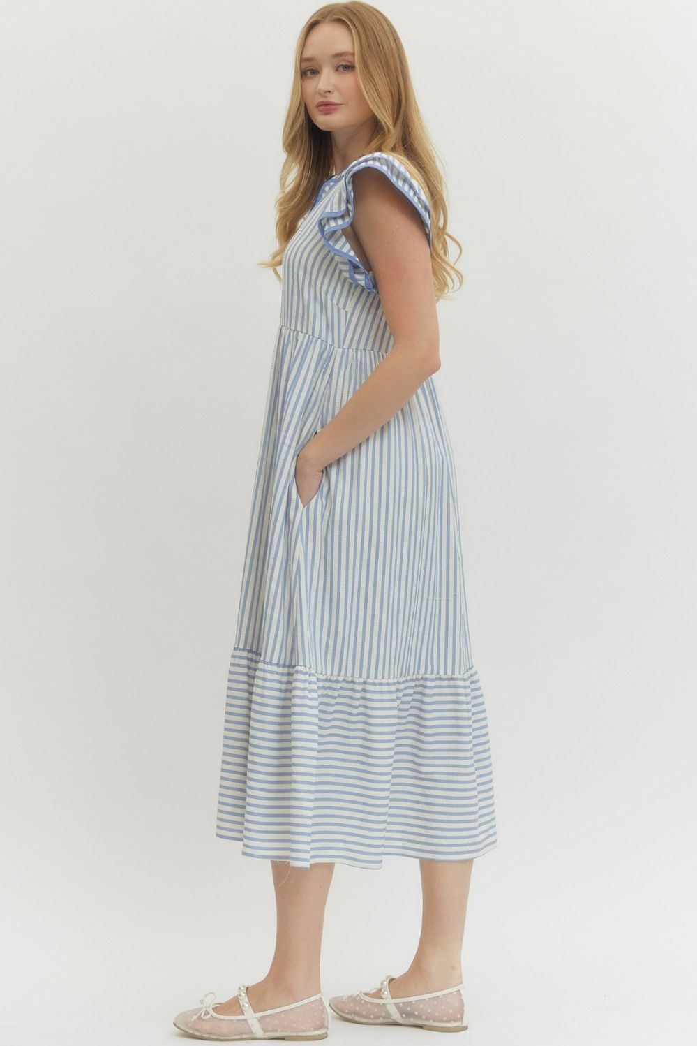 Textured Stripe Tiered Flutter Sleeve Midi