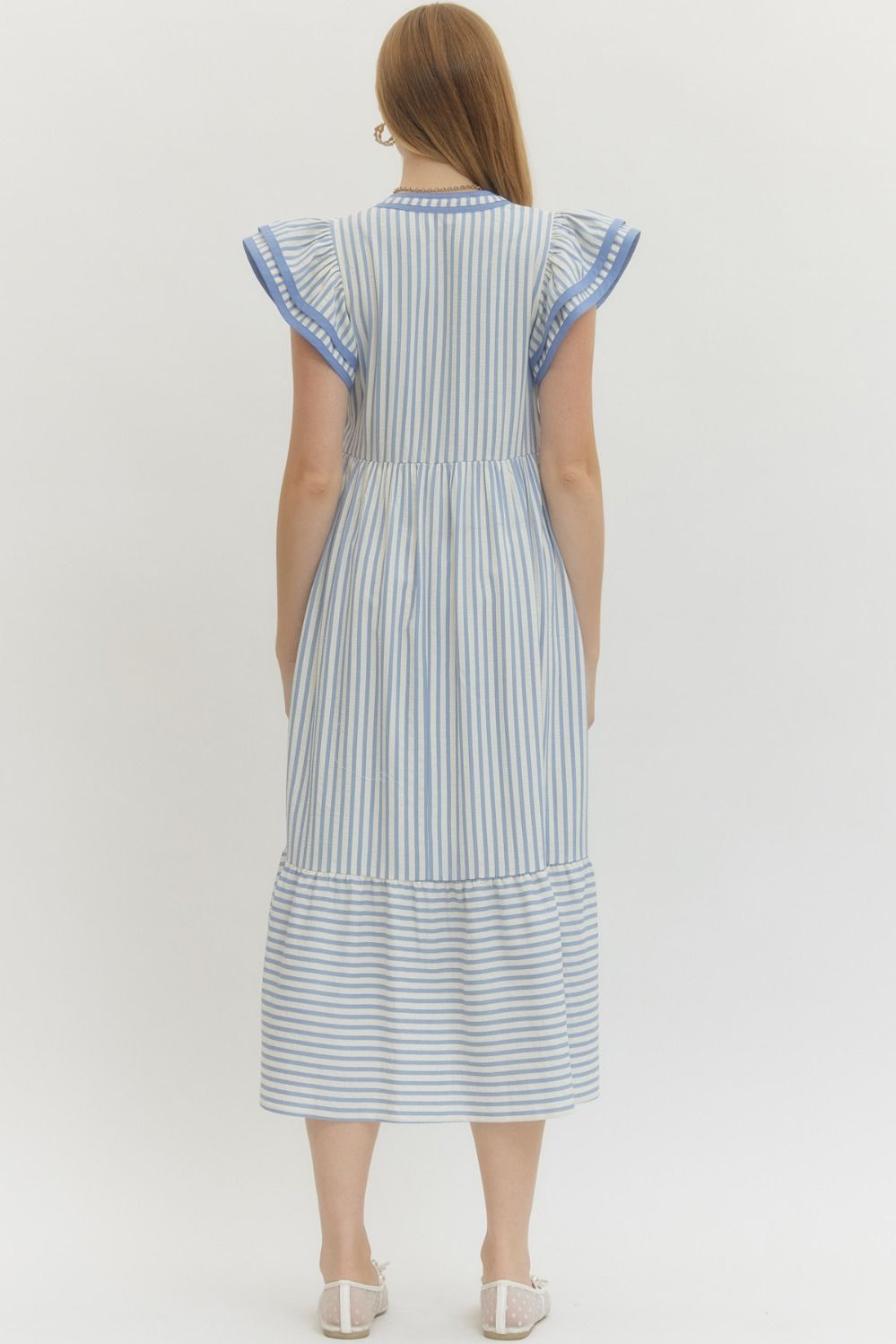 Textured Stripe Tiered Flutter Sleeve Midi