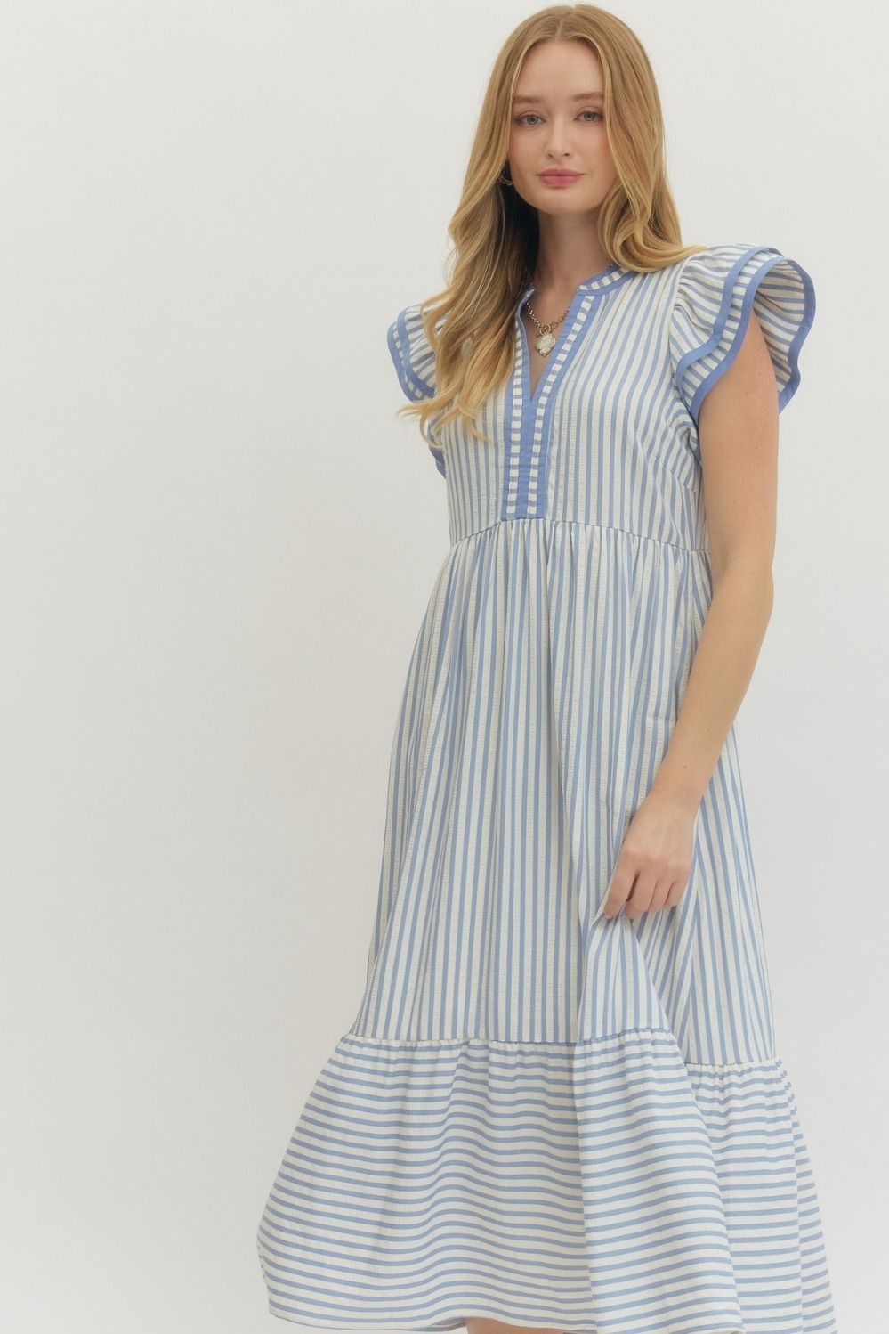 Textured Stripe Tiered Flutter Sleeve Midi