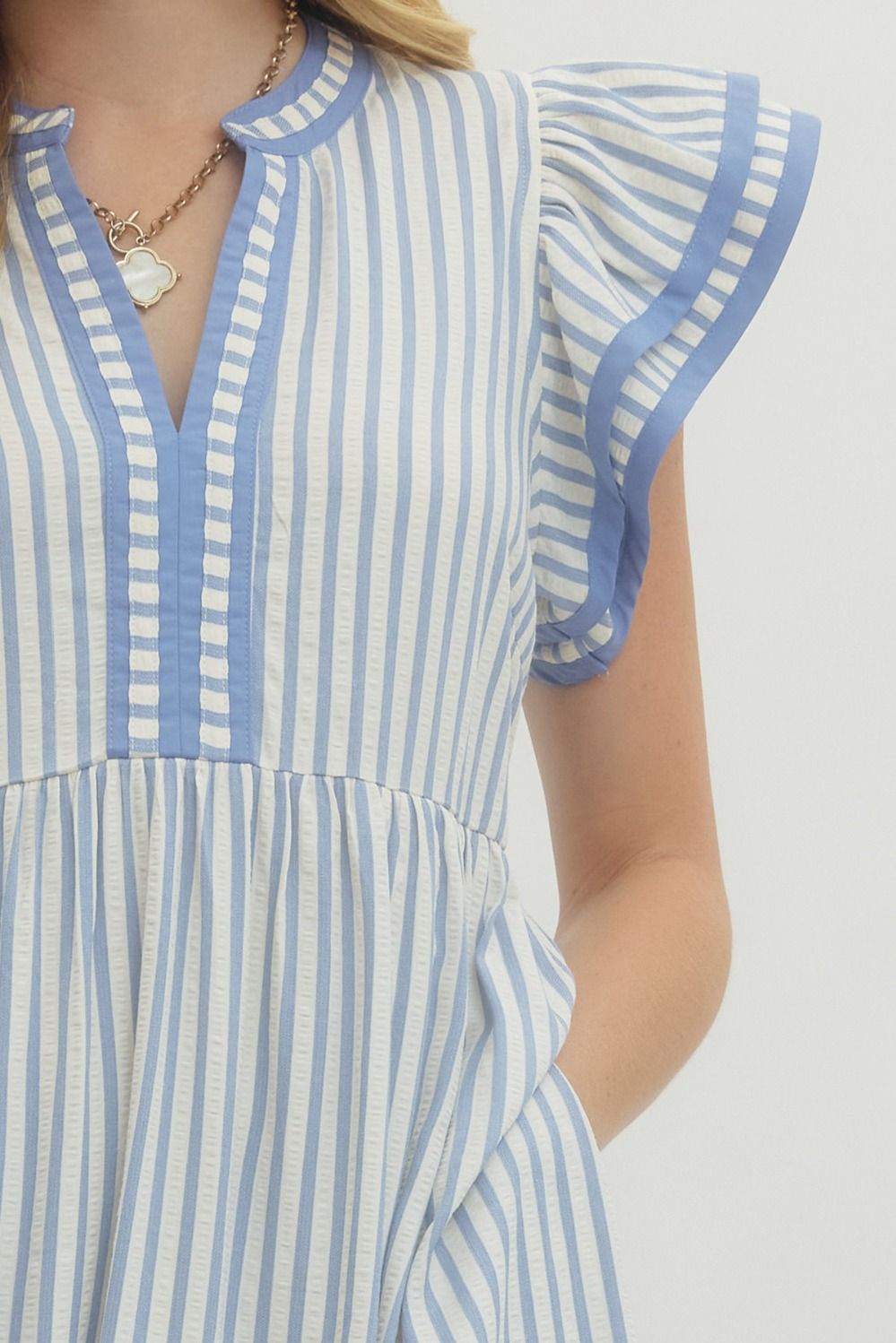 Textured Stripe Tiered Flutter Sleeve Midi