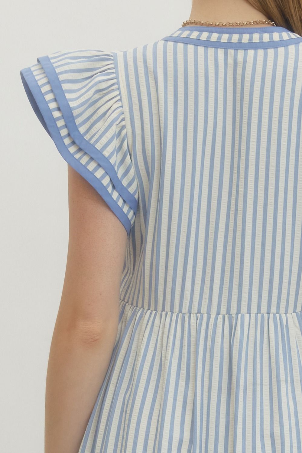 Textured Stripe Tiered Flutter Sleeve Midi