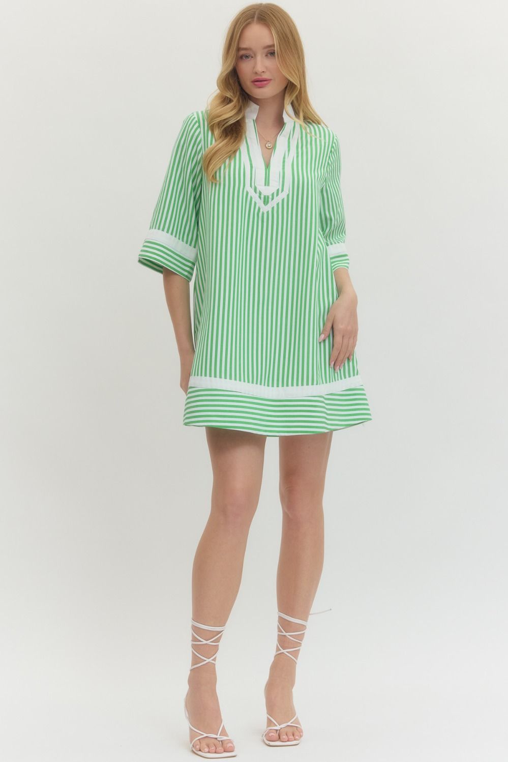 Striped Half Sleeve Mini Dress Featuring Contrast Neckline
