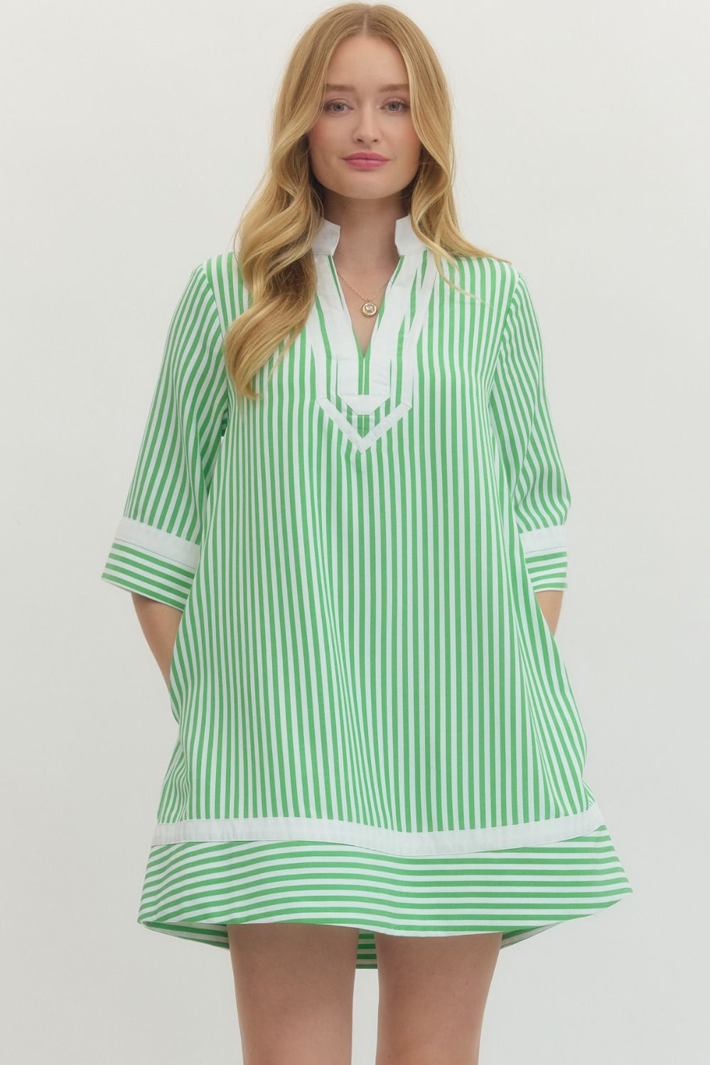 Striped Half Sleeve Mini Dress Featuring Contrast Neckline
