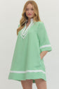 Striped Half Sleeve Mini Dress Featuring Contrast Neckline