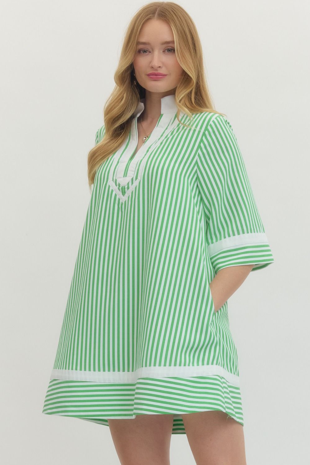 Striped Half Sleeve Mini Dress Featuring Contrast Neckline