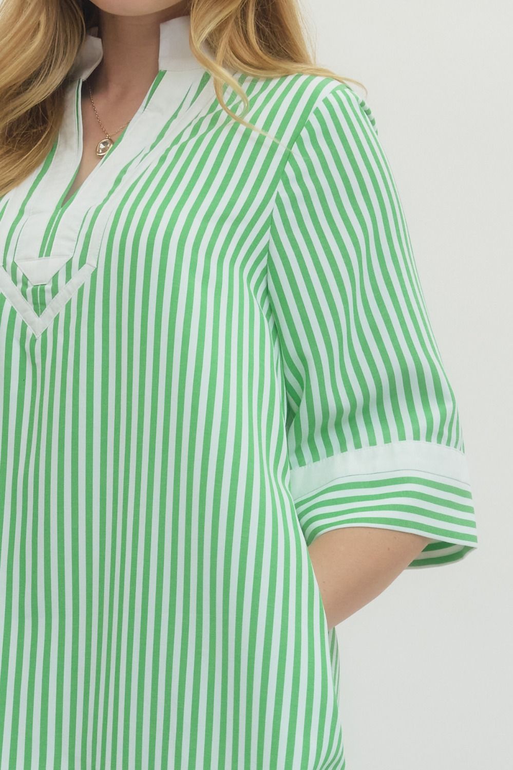 Striped Half Sleeve Mini Dress Featuring Contrast Neckline