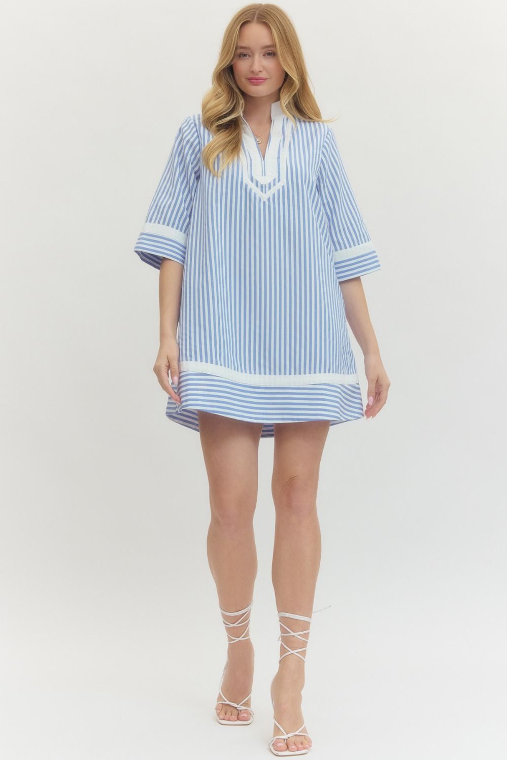 Striped Half Sleeve Mini Dress Featuring Contrast Neckline