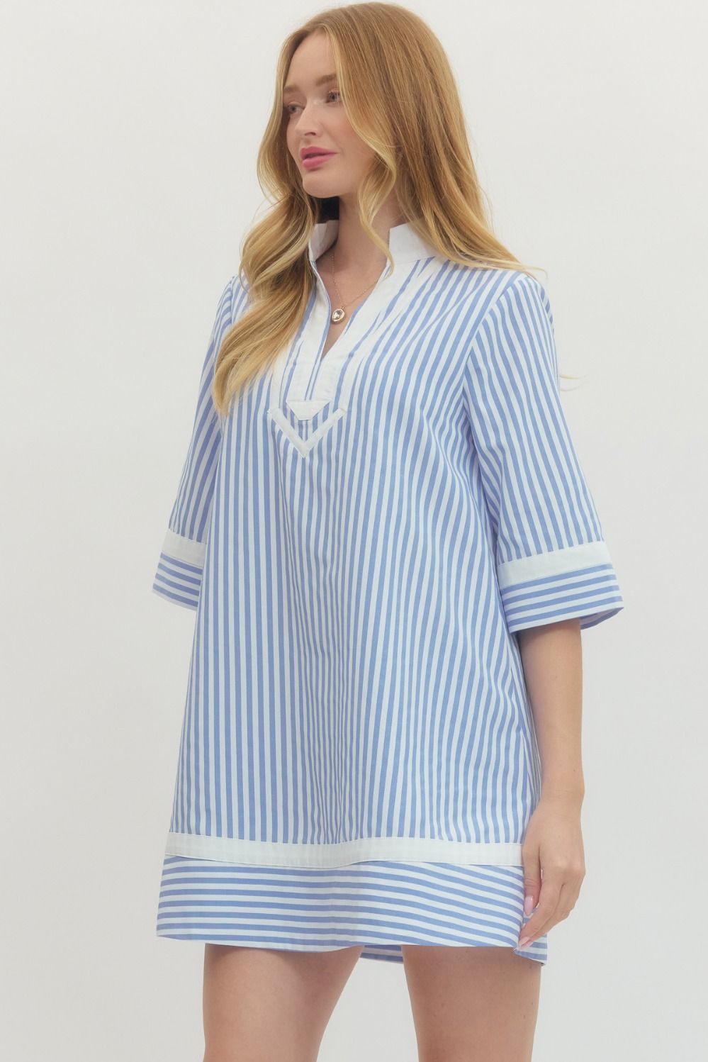 Striped Half Sleeve Mini Dress Featuring Contrast Neckline