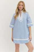 Striped Half Sleeve Mini Dress Featuring Contrast Neckline