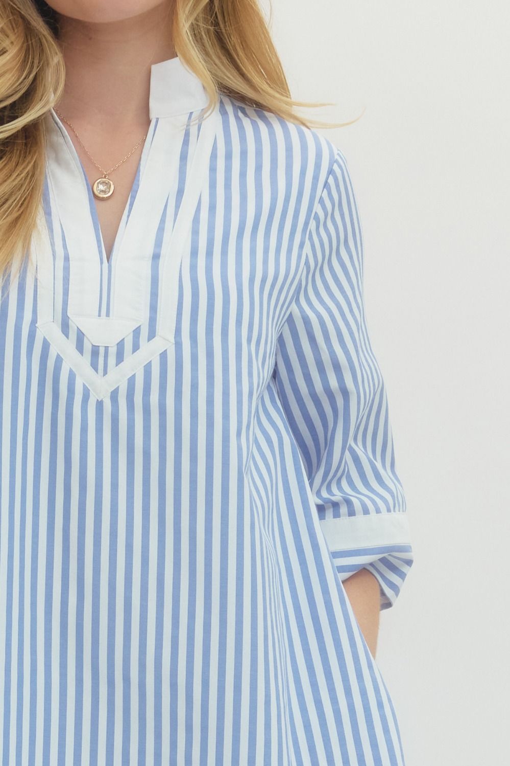 Striped Half Sleeve Mini Dress Featuring Contrast Neckline