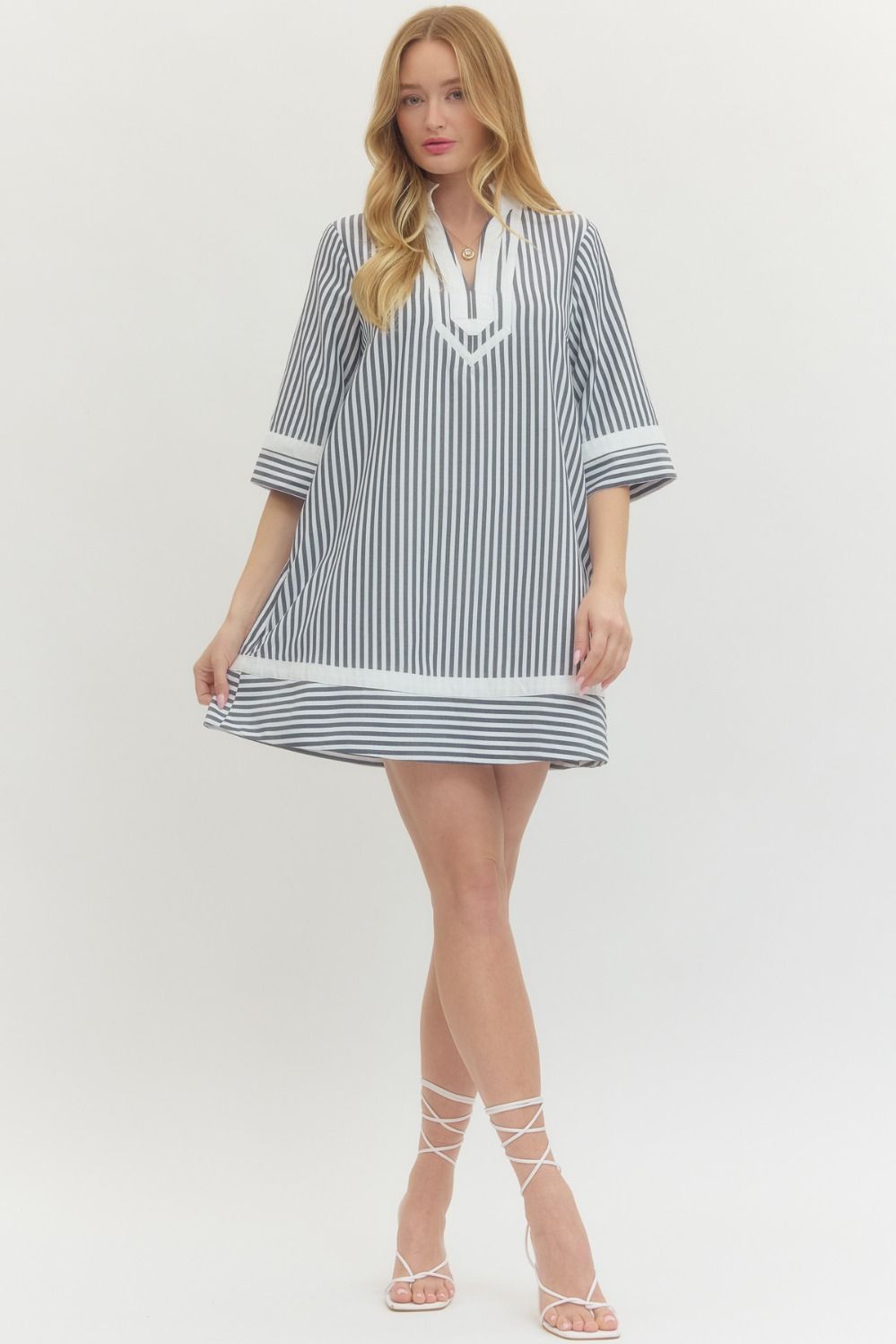 Striped Half Sleeve Mini Dress Featuring Contrast Neckline