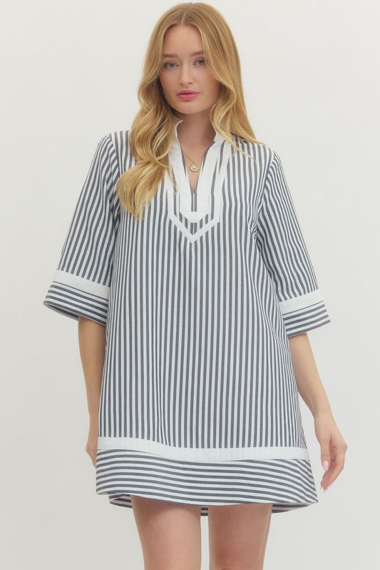 Striped Half Sleeve Mini Dress Featuring Contrast Neckline