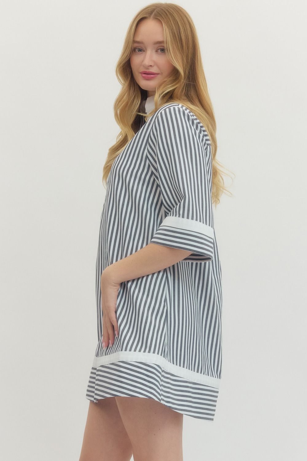 Striped Half Sleeve Mini Dress Featuring Contrast Neckline