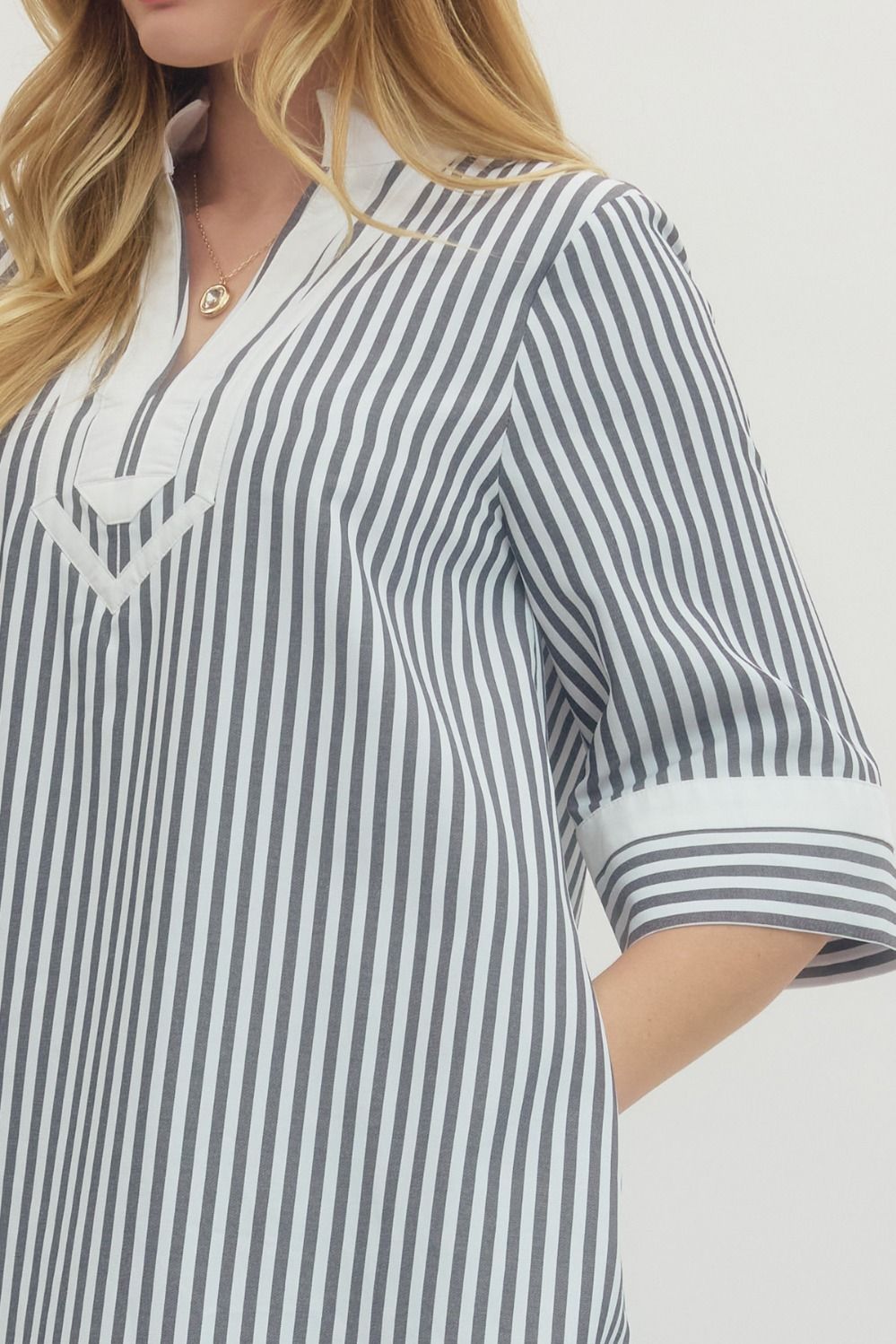 Striped Half Sleeve Mini Dress Featuring Contrast Neckline