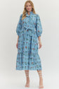 Floral Print Ruffled Neck 3/4 Sleeve Midi