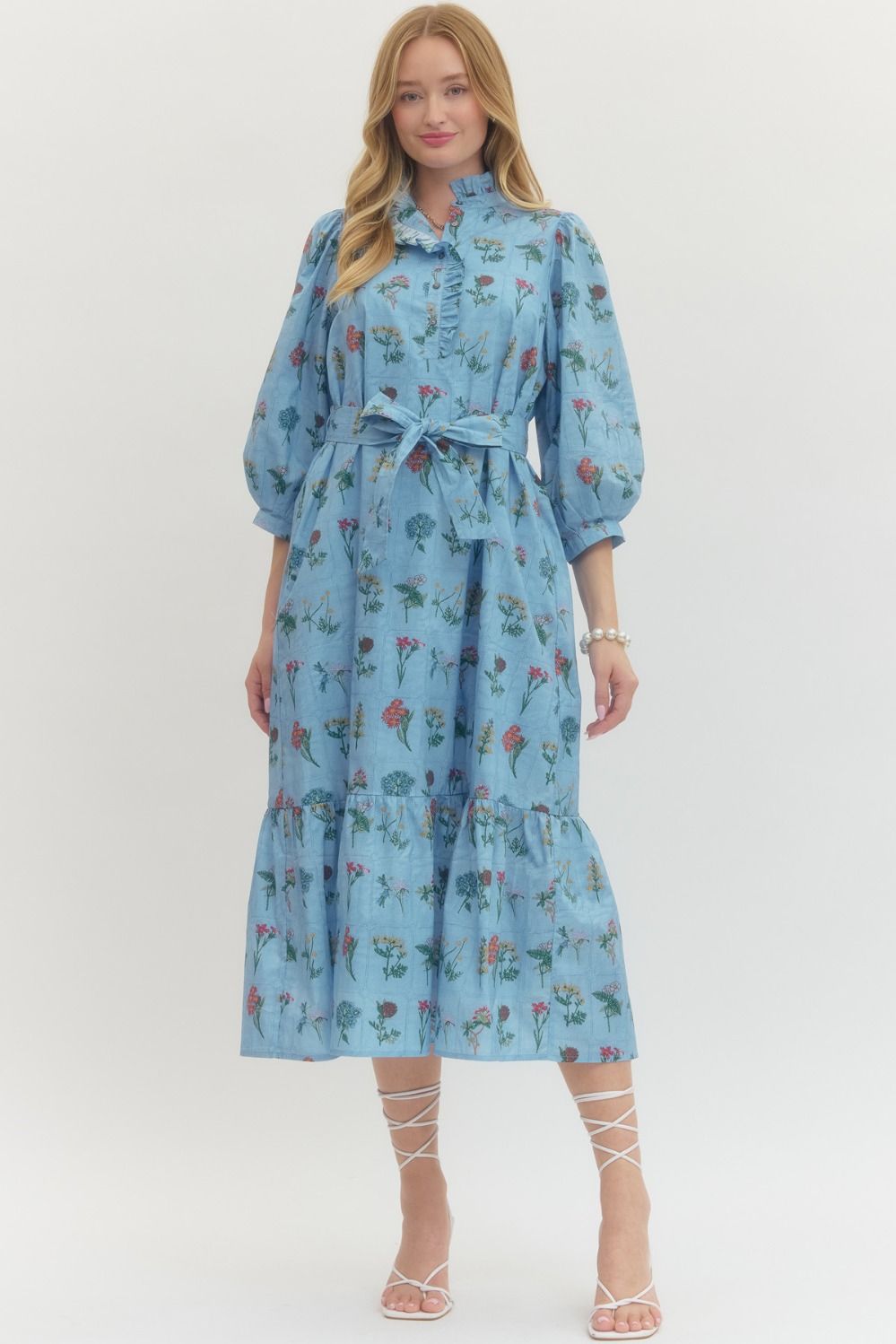 Floral Print Ruffled Neck 3/4 Sleeve Midi