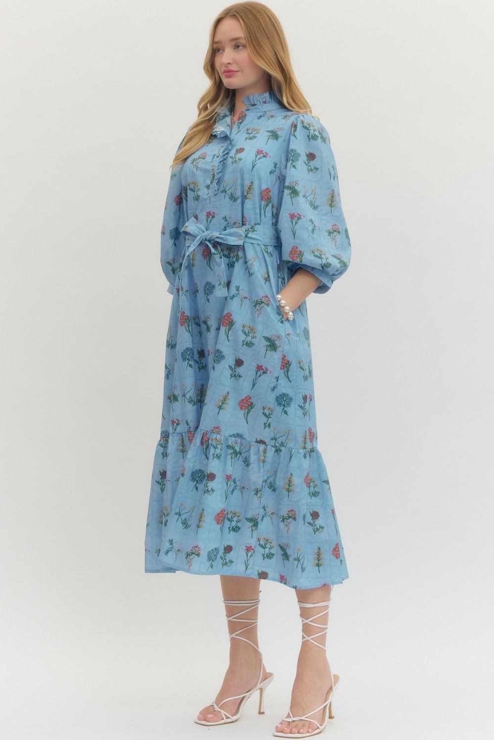 Floral Print Ruffled Neck 3/4 Sleeve Midi