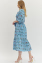 Floral Print Ruffled Neck 3/4 Sleeve Midi