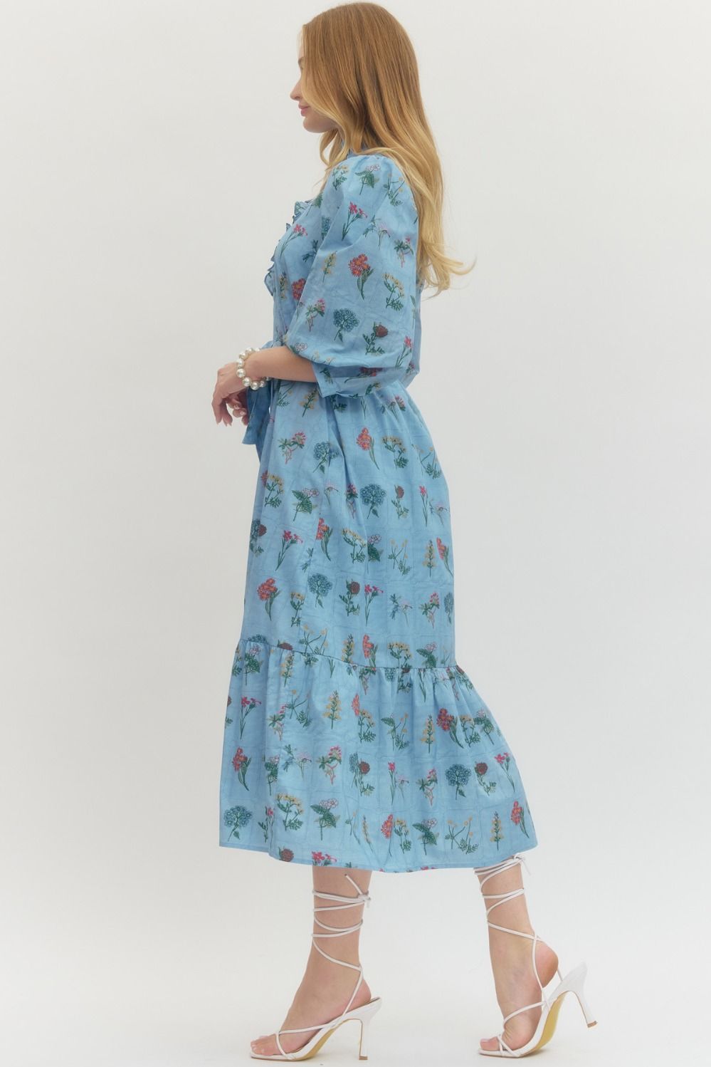 Floral Print Ruffled Neck 3/4 Sleeve Midi