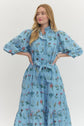 Floral Print Ruffled Neck 3/4 Sleeve Midi