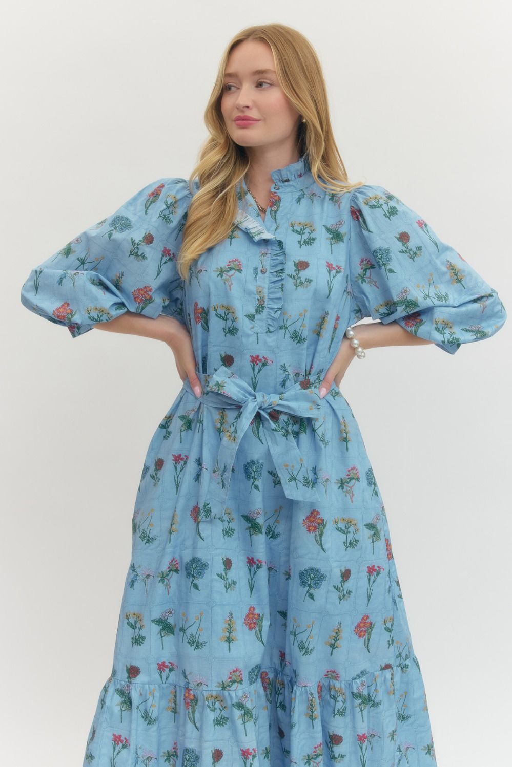 Floral Print Ruffled Neck 3/4 Sleeve Midi