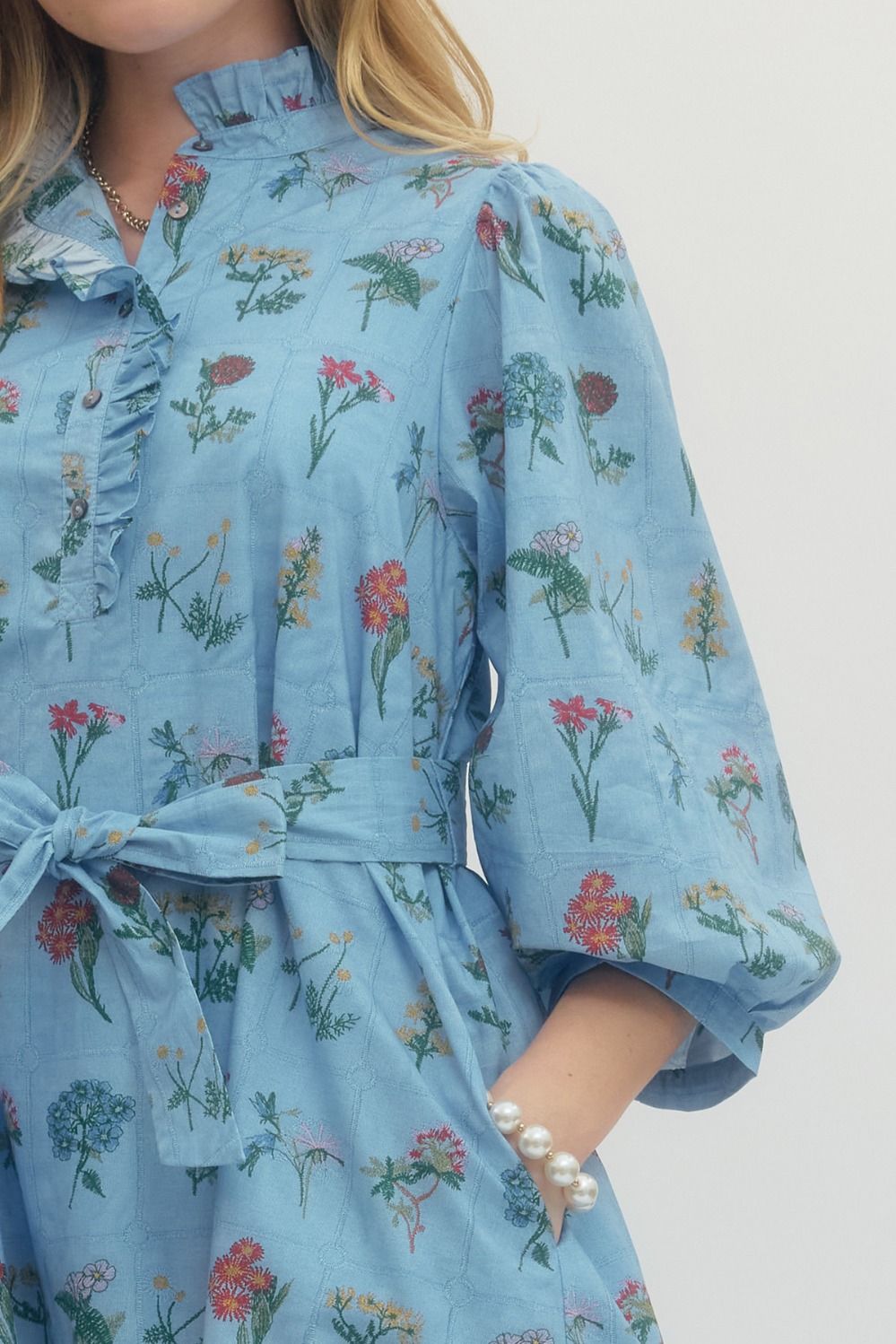 Floral Print Ruffled Neck 3/4 Sleeve Midi