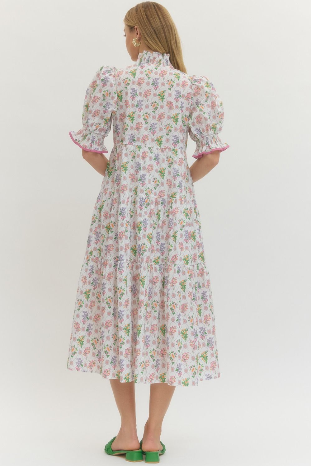 Off White Floral Puff Sleeve Midi w/ Ruffled Collar