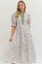 Off White Floral Puff Sleeve Midi w/ Ruffled Collar