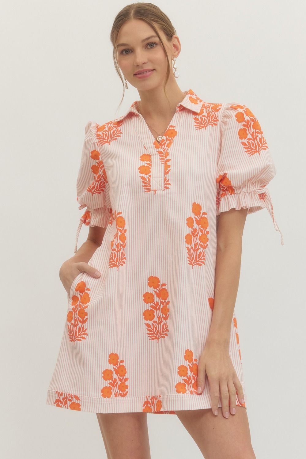 Striped Floral Puff Sleeve Mini with Drawstring Waist