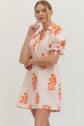 Striped Floral Puff Sleeve Mini with Drawstring Waist