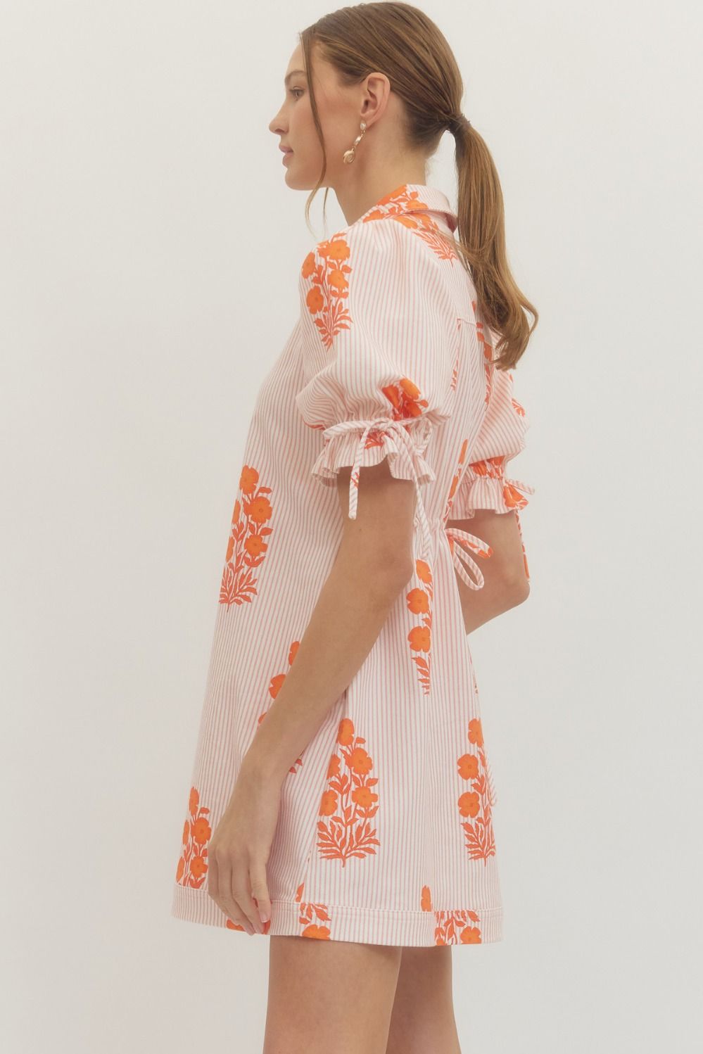 Striped Floral Puff Sleeve Mini with Drawstring Waist