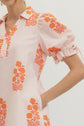 Striped Floral Puff Sleeve Mini with Drawstring Waist