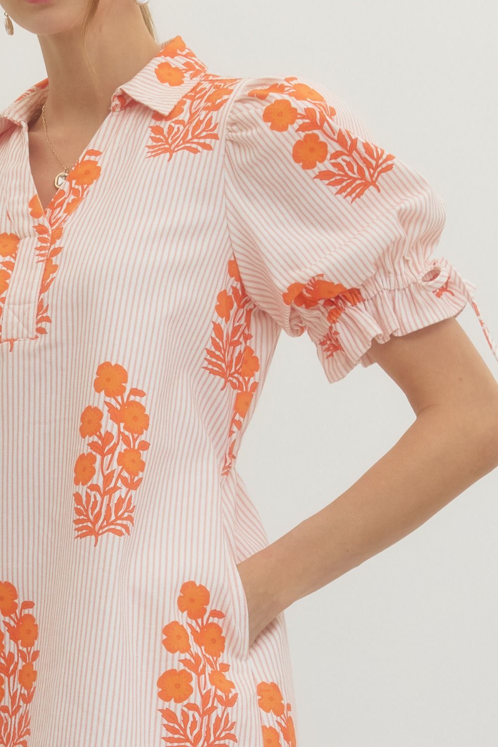 Striped Floral Puff Sleeve Mini with Drawstring Waist