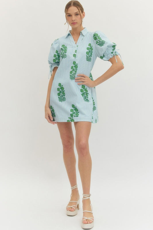 Striped Floral Puff Sleeve Mini with Drawstring Waist
