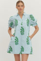 Striped Floral Puff Sleeve Mini with Drawstring Waist