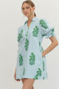 Striped Floral Puff Sleeve Mini with Drawstring Waist