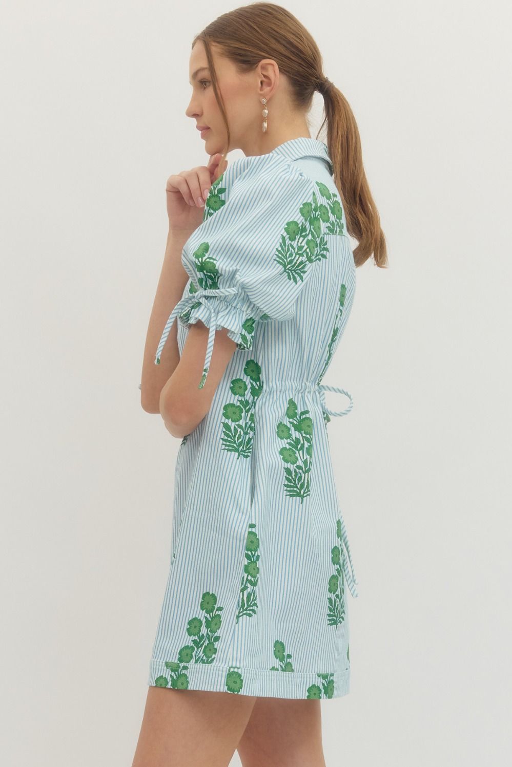 Striped Floral Puff Sleeve Mini with Drawstring Waist