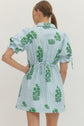 Striped Floral Puff Sleeve Mini with Drawstring Waist