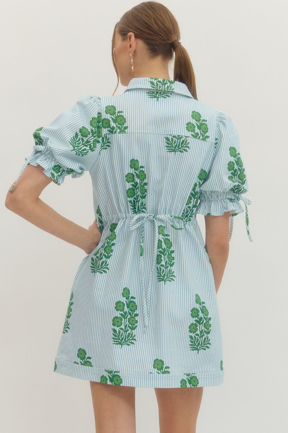 Striped Floral Puff Sleeve Mini with Drawstring Waist