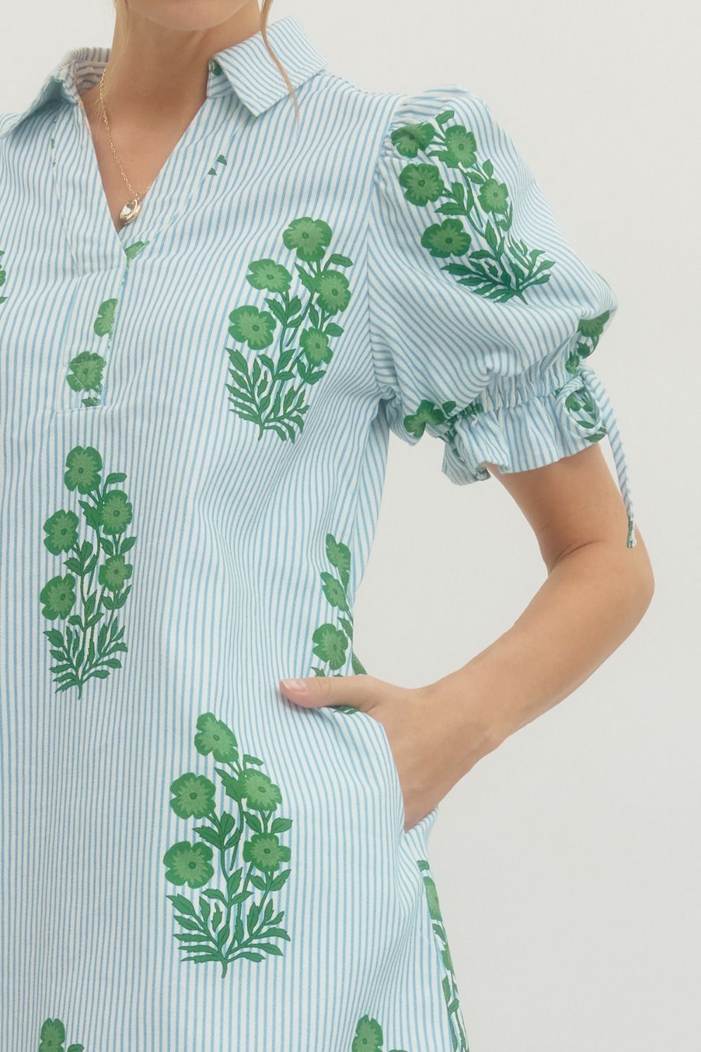 Striped Floral Puff Sleeve Mini with Drawstring Waist