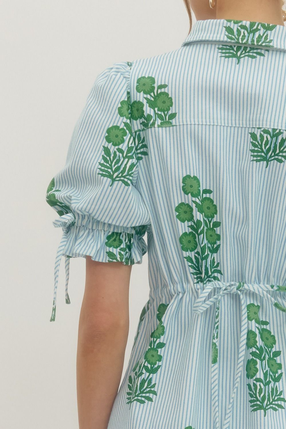 Striped Floral Puff Sleeve Mini with Drawstring Waist