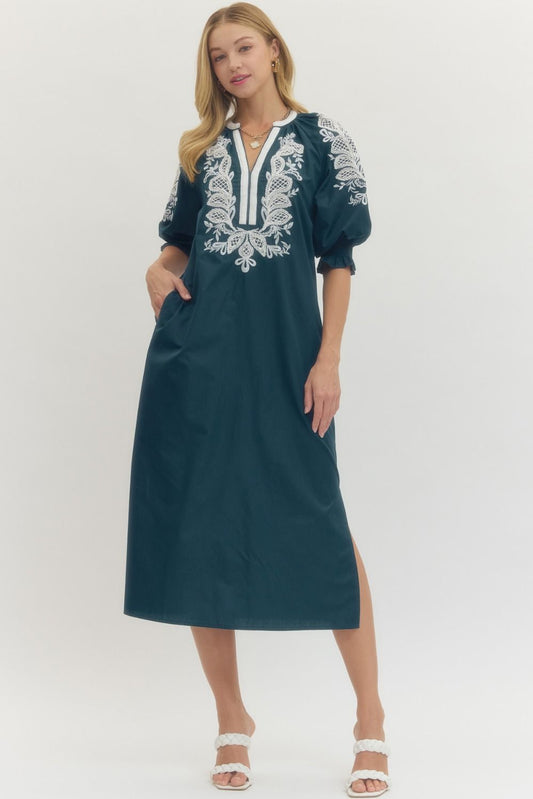 Embroidered V-neck Half Sleeve Midi Dress with White Trim
