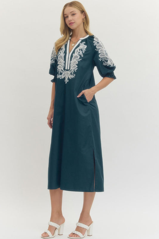 Embroidered V-neck Half Sleeve Midi Dress with White Trim