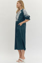 Embroidered V-neck Half Sleeve Midi Dress with White Trim