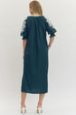 Embroidered V-neck Half Sleeve Midi Dress with White Trim