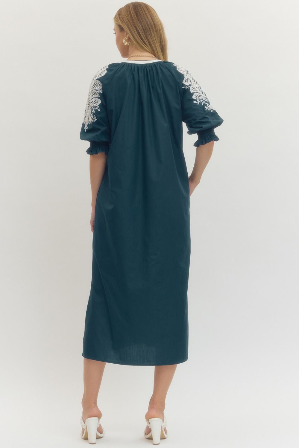 Embroidered V-neck Half Sleeve Midi Dress with White Trim